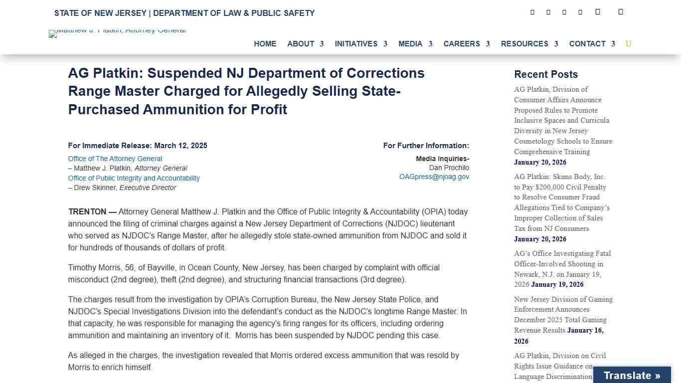 AG Platkin: Suspended NJ Department of Corrections Range Master Charged for Allegedly Selling State-Purchased Ammunition for Profit - New Jersey Office of Attorney General