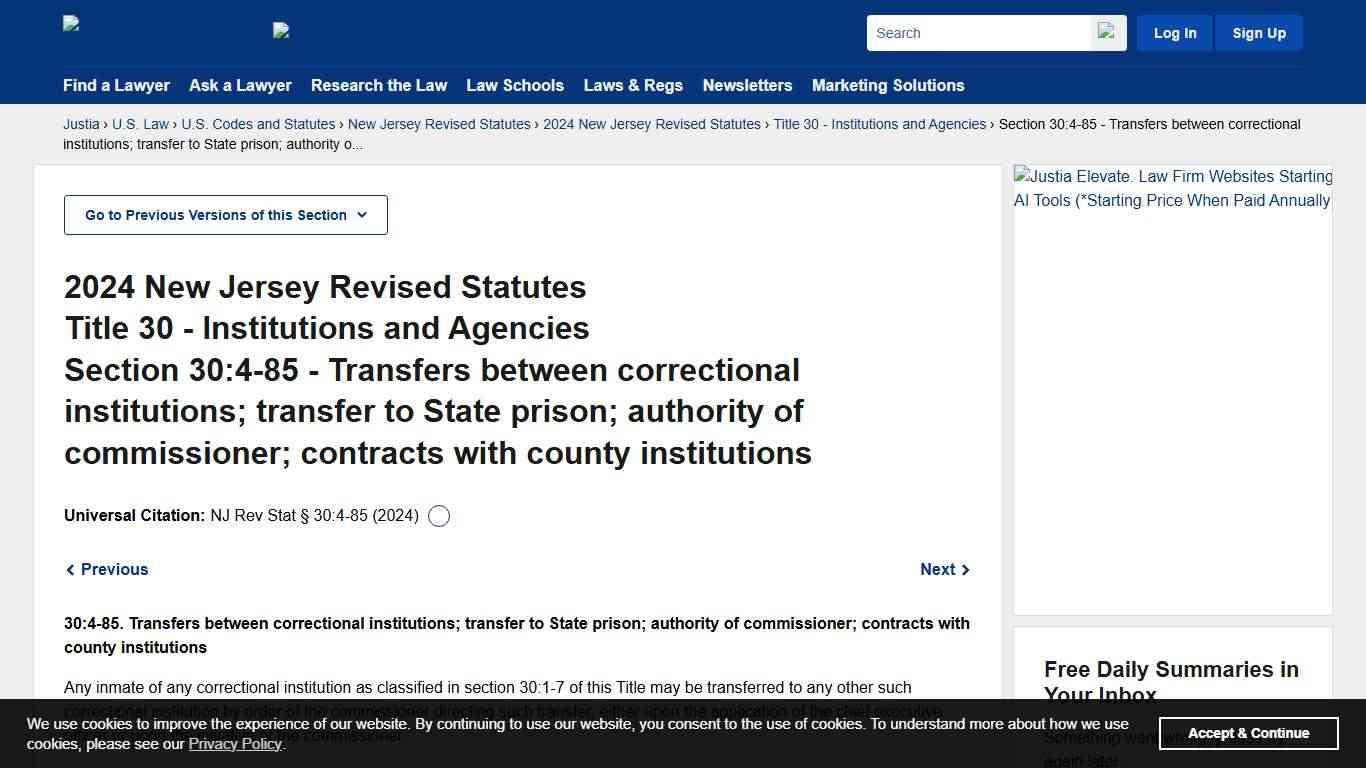 New Jersey Revised Statutes Section 30:4-85 (2024) - Transfers between correctional institutions; transfer to State prison; authority of commissioner; contracts with county institutions :: 2024 New Jersey Revised Statutes :: U.S. Codes and Statutes :: U.S. Law :: Justia