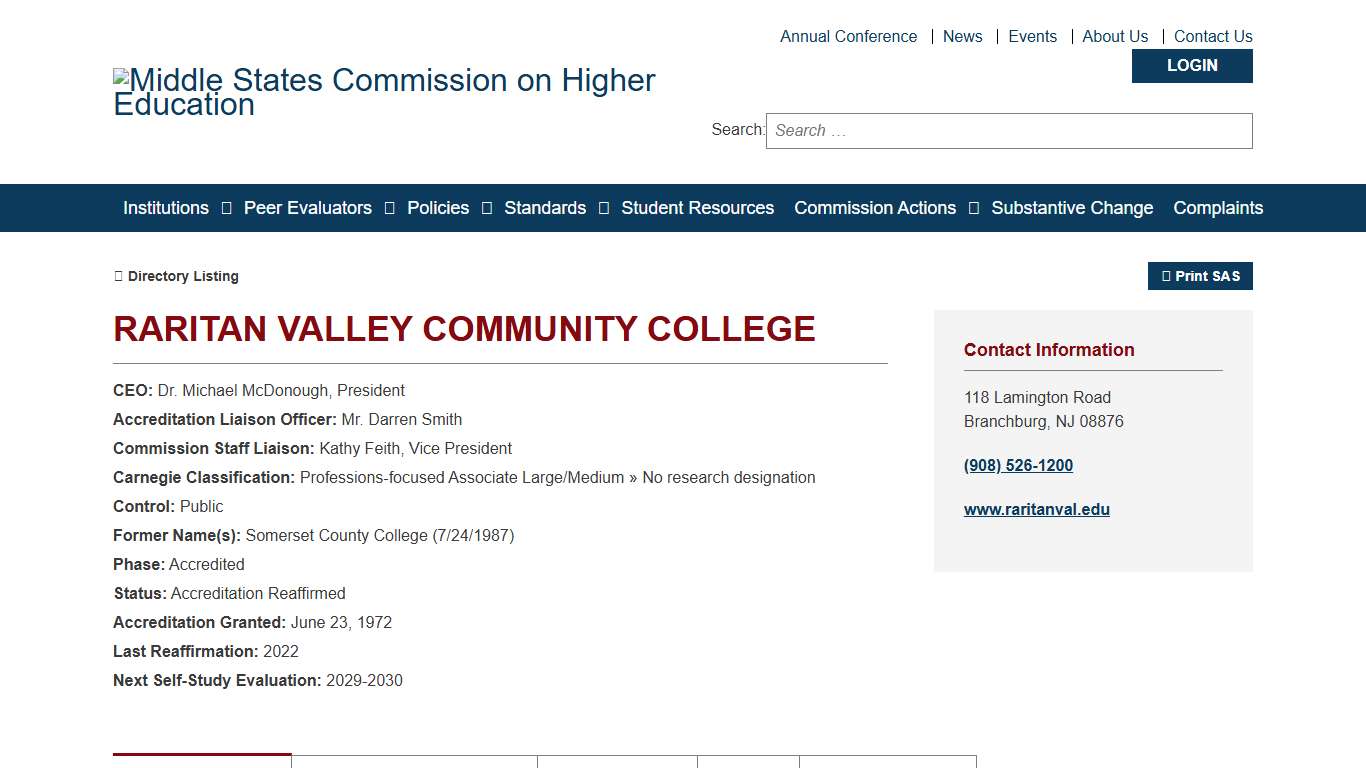 Raritan Valley Community College - Statement of Accreditation Status