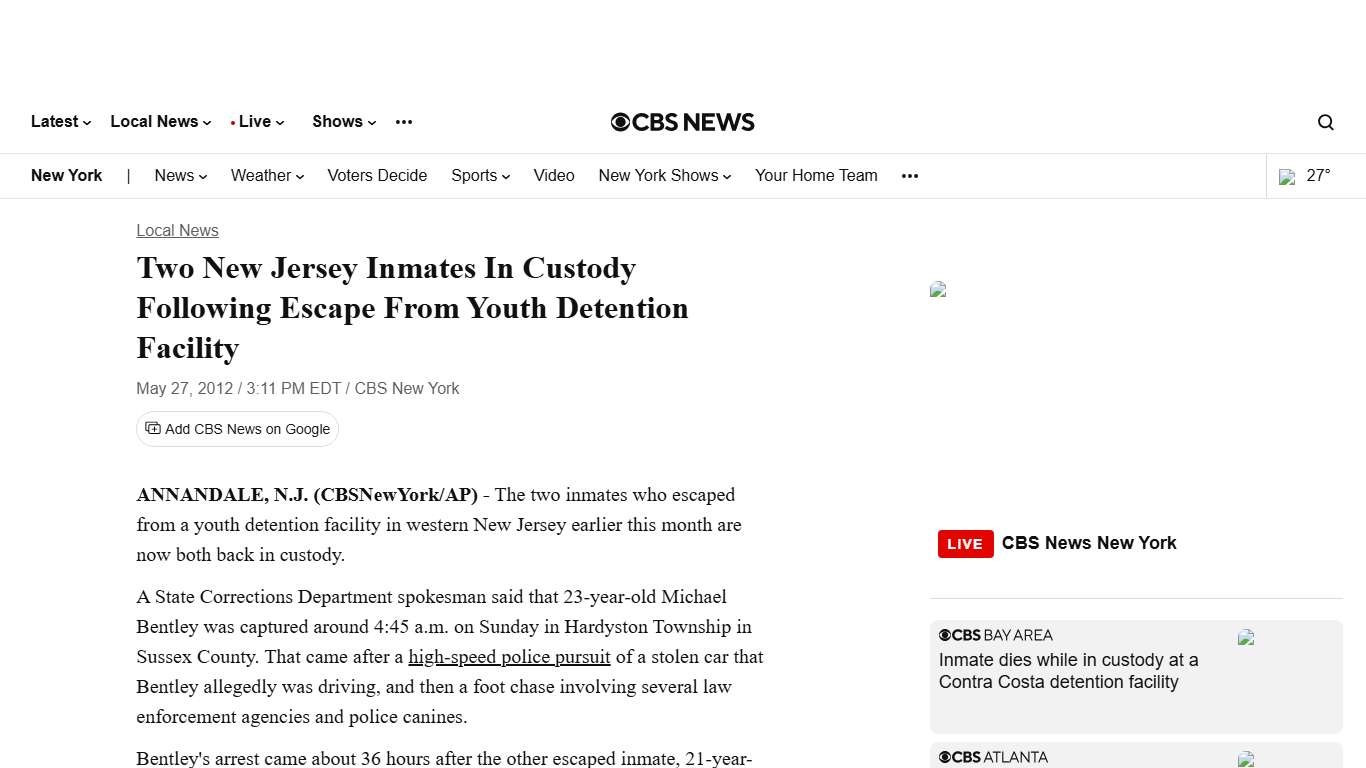 Two New Jersey Inmates In Custody Following Escape From Youth Detention Facility - CBS New York